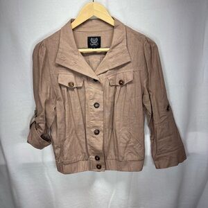 MINE Cropped Linen Brown Button Up Roll Tab Jacket Sz S‎